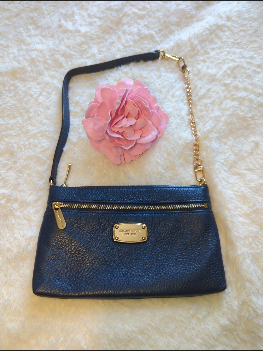 Michael Kors Navy Leather Large Wristlet With Shoulder Bag Extension Chain